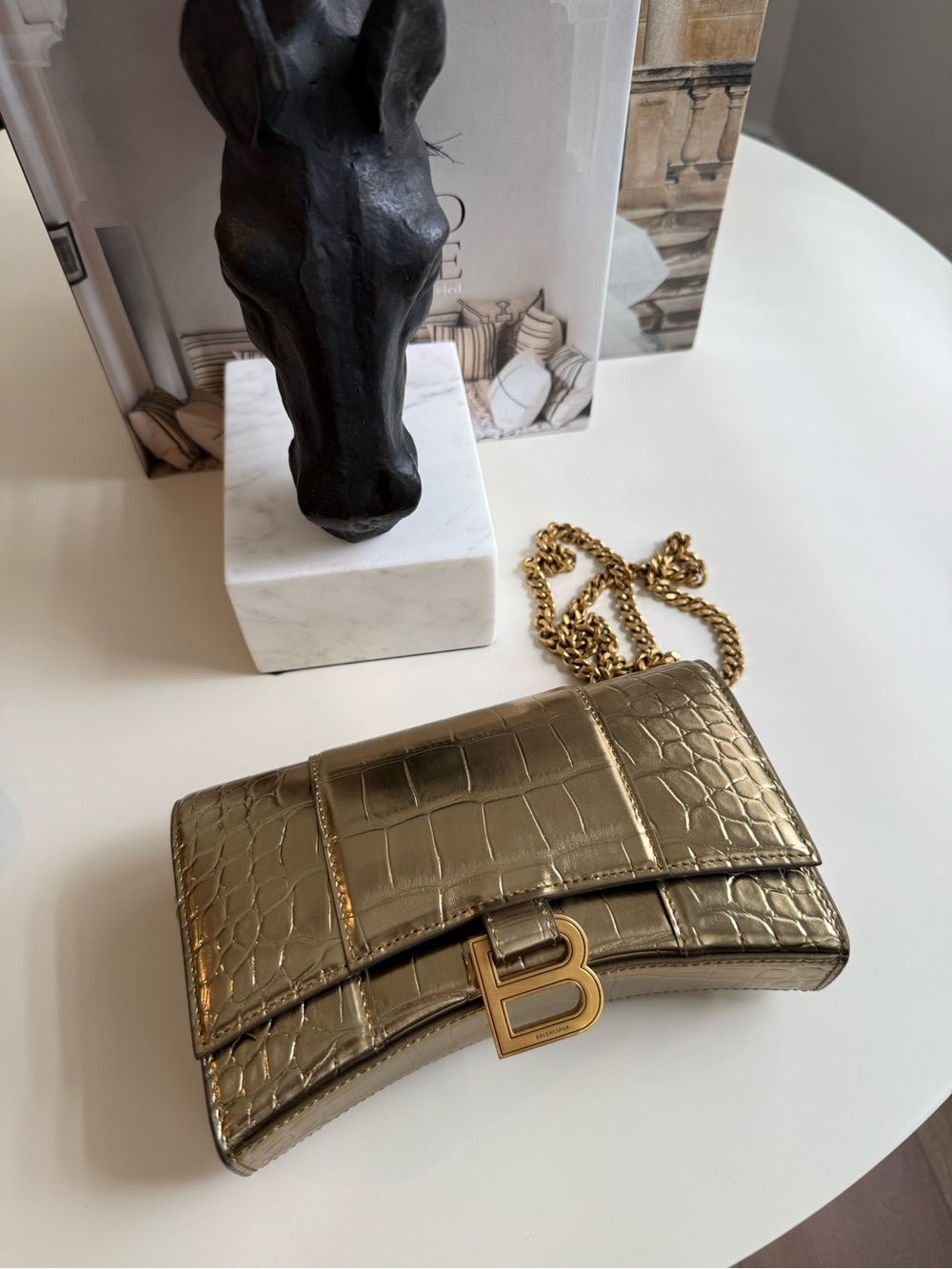 Balenciaga Hourglass Gold Croc-Embossed B Chain Wallet - Picture 2 of 11